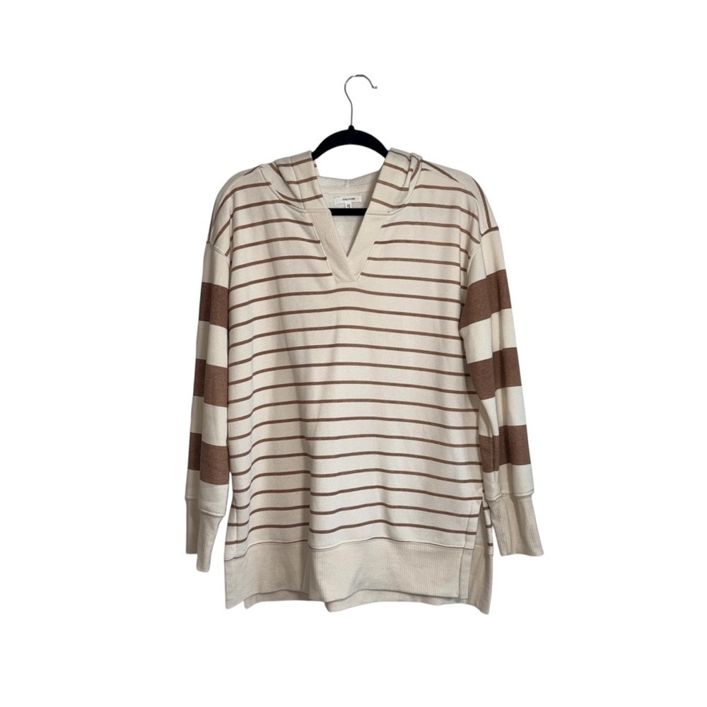 Maurices Sweatshirt Cream & Brown Stripe V-neck Hooded Oversized Medium Women’s - Picture 2 of 11